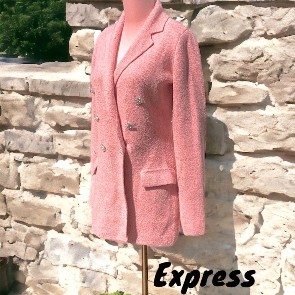 EXPRESS WOMENS SWEATER BLAZER DOUBLE BREASTED RHINESTONE EMBELLISHED PINK XS